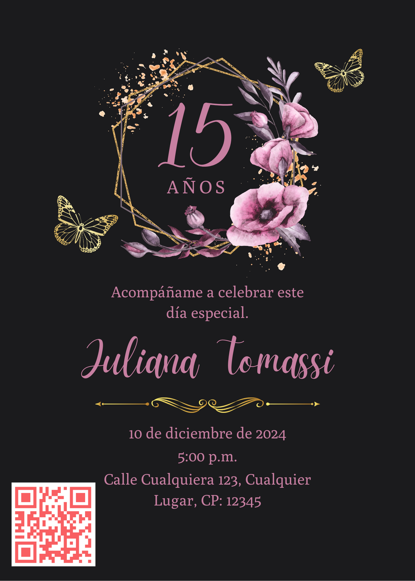 Quinceañera Invitation - Mariposas Floral Illustrado Negro Rosa